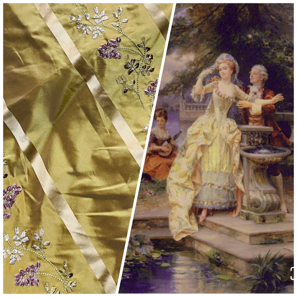NEW Lady Lana 100% Silk Taffeta Ribbon Stripes with Embroidered Velvet Gold & Lavender Floral Motif Iridescent Fabric - Fancy Styles Fabric Pierre Frey Lee Jofa Brunschwig & Fils