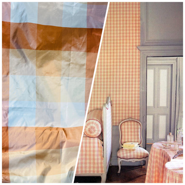 NEW Lady Melissa 100% Silk Taffeta Plaid Tartan Checkered Fabric Tone on Tone Peach - Fancy Styles Fabric Pierre Frey Lee Jofa Brunschwig & Fils