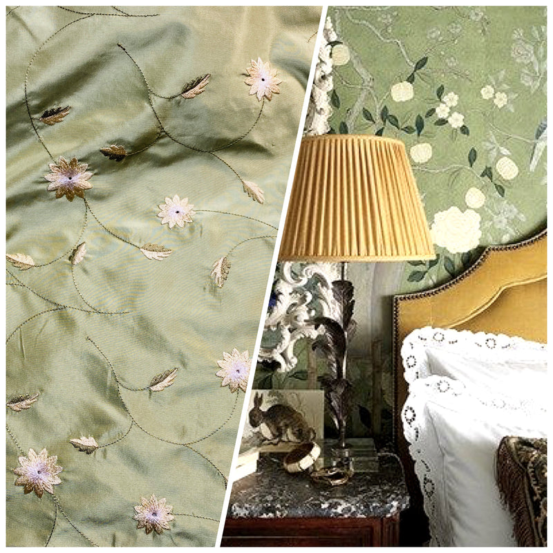 NEW Lady Eva 100% Silk Taffeta with Embroidered Floral Motif Fabric in Dusty Pistachio Green - Fancy Styles Fabric Pierre Frey Lee Jofa Brunschwig & Fils