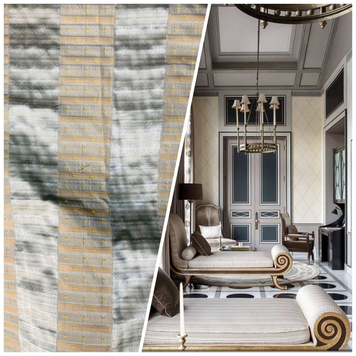 NEW Sir Rowan 100% Silk Satin with Gold Dot Stripes Motif in Aqua Blue and Gold - Fancy Styles Fabric Pierre Frey Lee Jofa Brunschwig & Fils