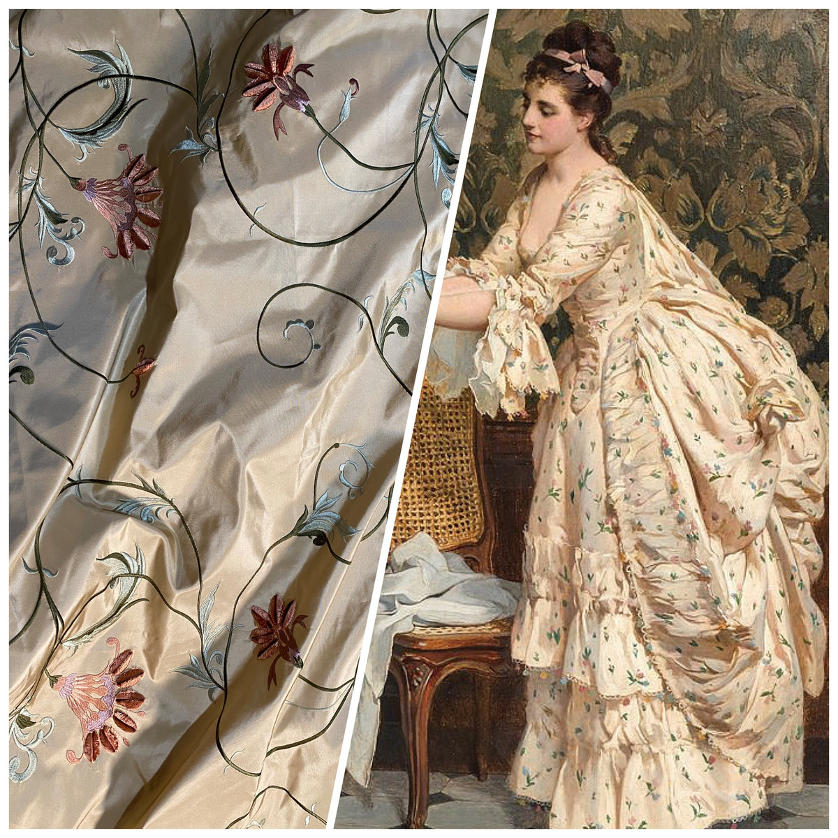 NEW Countess Manon 100% Silk Taffeta in Light Gold with Floral Embroid –  www.fancystylesfabric.com