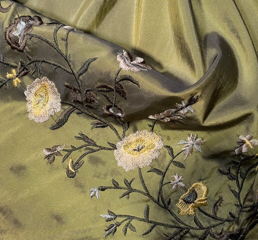 DEAL! Duchess Aurora Olive Green Iridescence Faux Silk Embroidered Fabric - Fancy Styles Fabric Pierre Frey Lee Jofa Brunschwig & Fils