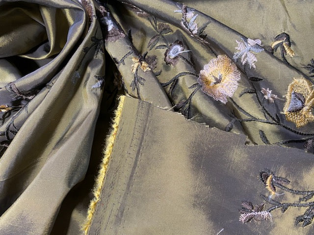 DEAL! Duchess Aurora Olive Green Iridescence Faux Silk Embroidered Fabric - Fancy Styles Fabric Pierre Frey Lee Jofa Brunschwig & Fils