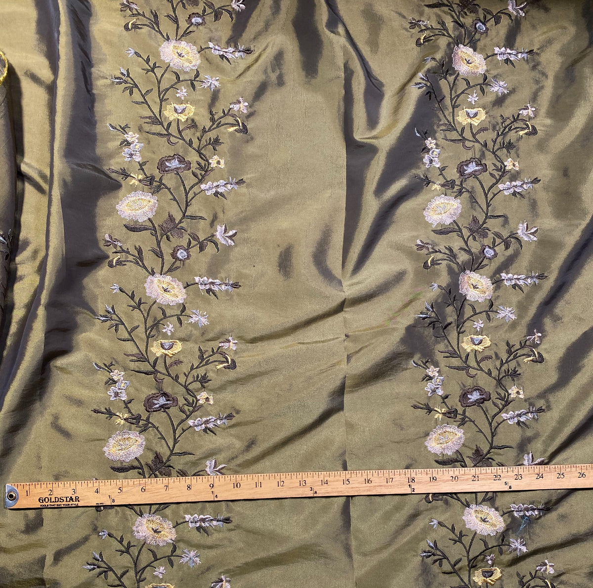 DEAL! Duchess Aurora Olive Green Iridescence Faux Silk Embroidered Fabric - Fancy Styles Fabric Pierre Frey Lee Jofa Brunschwig & Fils