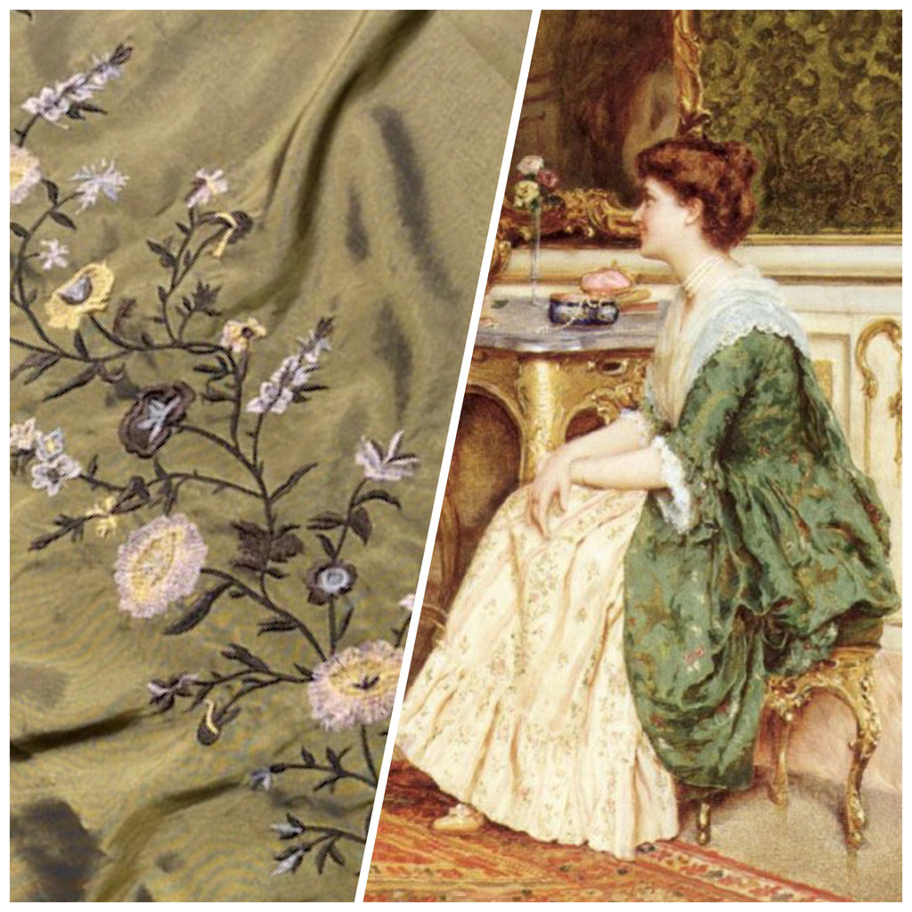 DEAL! Duchess Aurora Olive Green Iridescence Faux Silk Embroidered Fabric - Fancy Styles Fabric Pierre Frey Lee Jofa Brunschwig & Fils