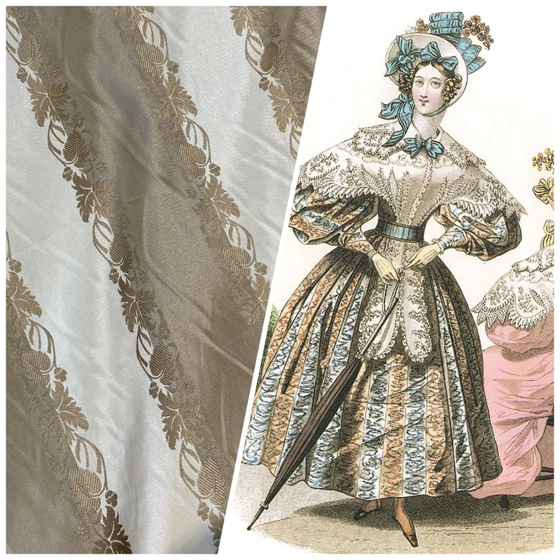 NEW Contessa Irene Faux Silk Taffeta Champagne and Old Gold Striped with Vine Embroidery - Fancy Styles Fabric Pierre Frey Lee Jofa Brunschwig & Fils