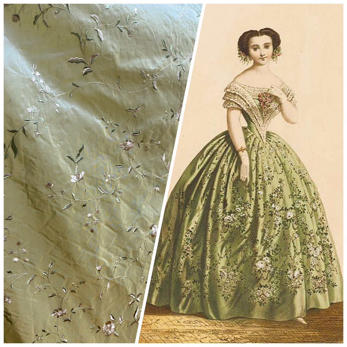 NEW Queen Amaranth Designer 100% Silk Taffeta in Green with Champagne Floral Embroidery - Fancy Styles Fabric Pierre Frey Lee Jofa Brunschwig & Fils
