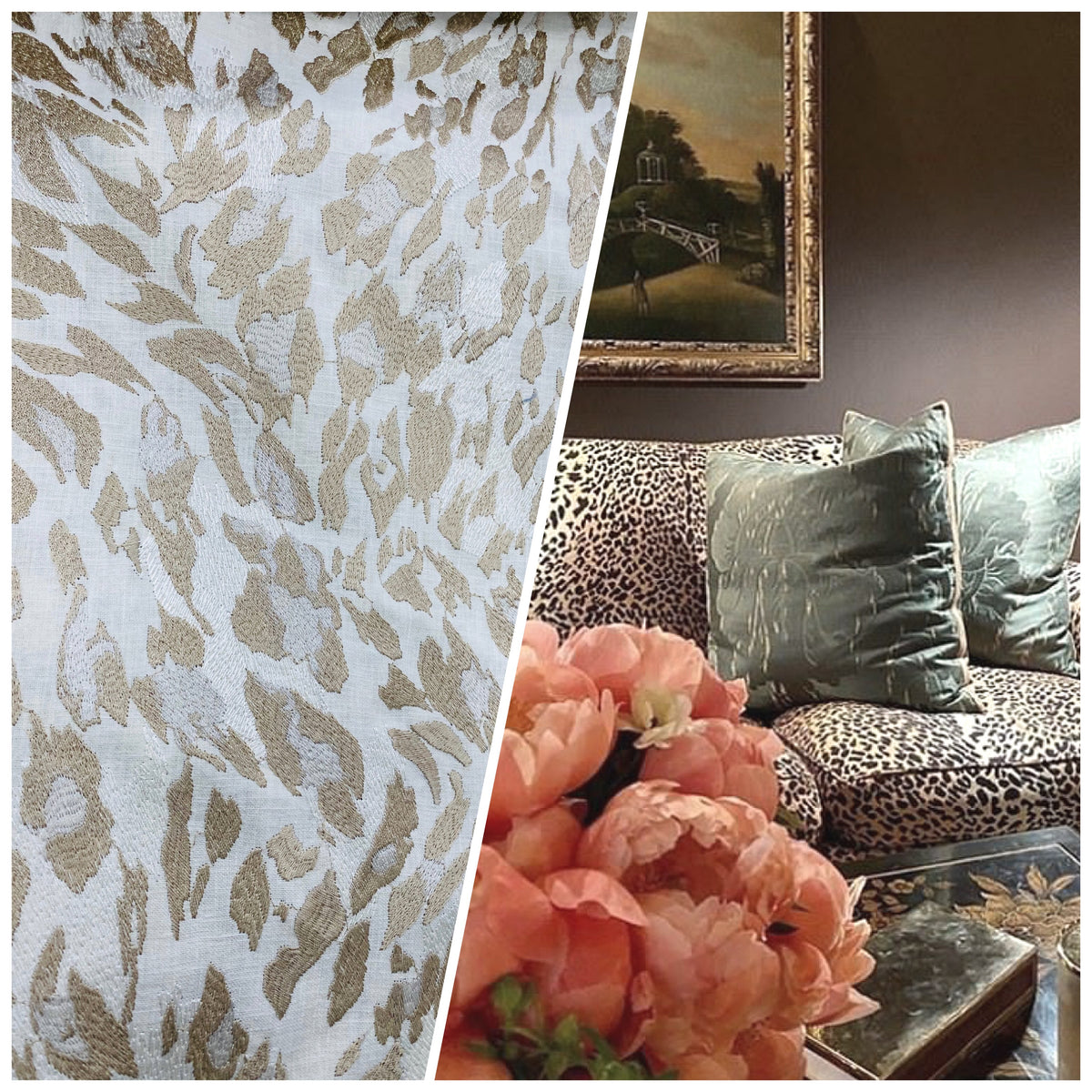 NEW Prince Stanley Novelty Embroidered Leopard Decorating Fabric in White & Beige - Fancy Styles Fabric Pierre Frey Lee Jofa Brunschwig & Fils