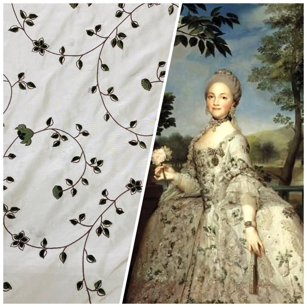 NEW Countess Stephanie 100% Silk Taffeta White Cream with Olive Velvet Embroidered Flowers - Fancy Styles Fabric Pierre Frey Lee Jofa Brunschwig & Fils