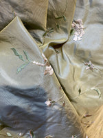 NEW Queen Amaranth Designer 100% Silk Taffeta in Green with Champagne Floral Embroidery - Fancy Styles Fabric Pierre Frey Lee Jofa Brunschwig & Fils