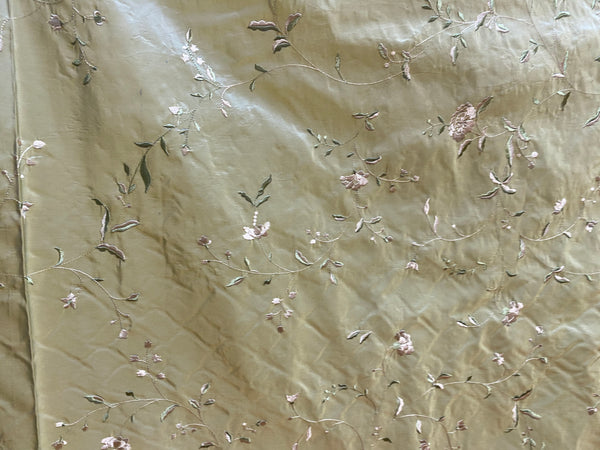 NEW Queen Amaranth Designer 100% Silk Taffeta in Green with Champagne Floral Embroidery - Fancy Styles Fabric Pierre Frey Lee Jofa Brunschwig & Fils