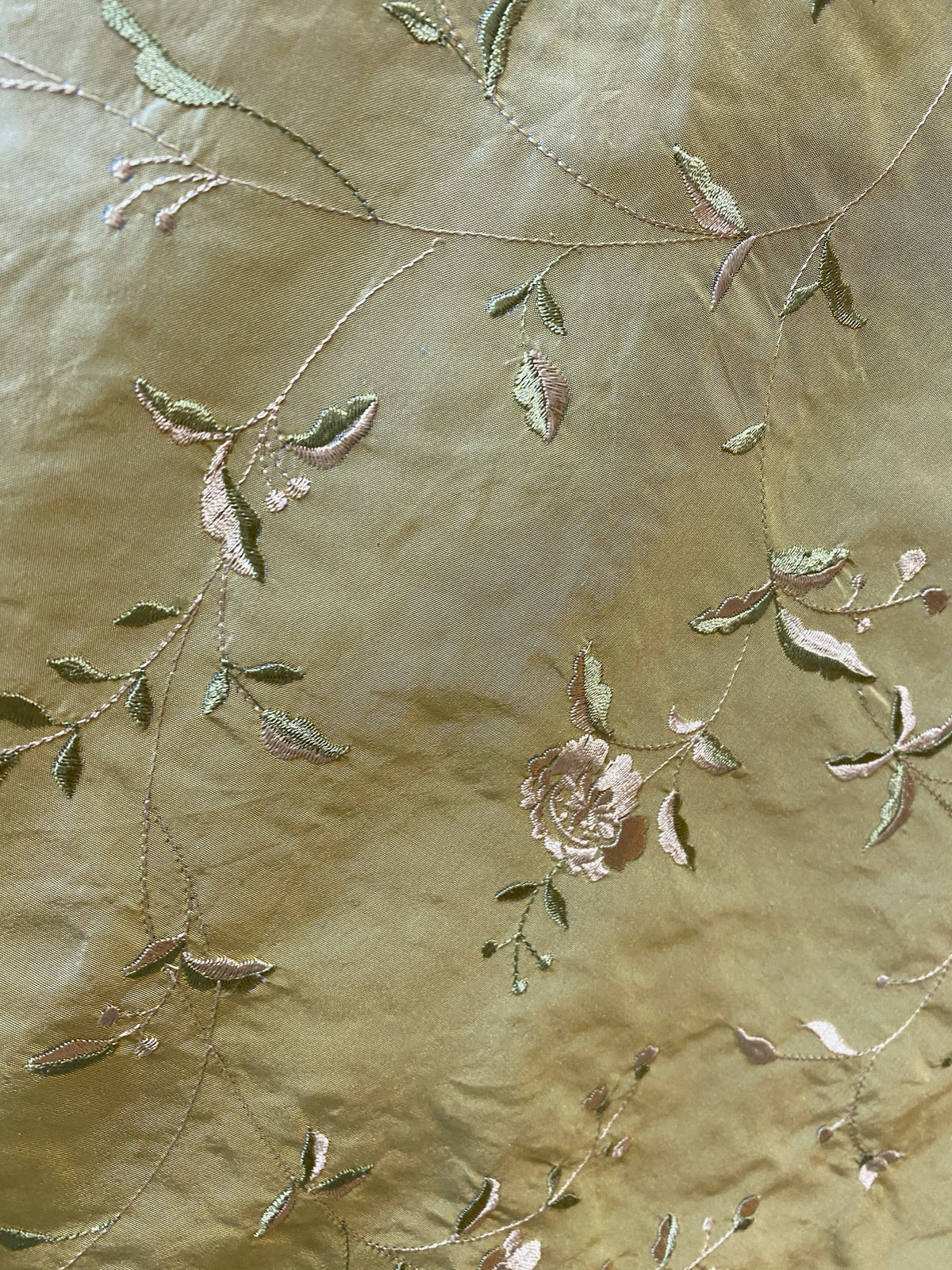 NEW Queen Amaranth Designer 100% Silk Taffeta in Green with Champagne Floral Embroidery - Fancy Styles Fabric Pierre Frey Lee Jofa Brunschwig & Fils