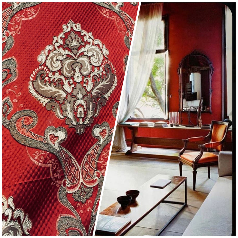 NEW King Eliot Italian Brocade Damask Satin Red Upholstery Neoclassical Fabric - Fancy Styles Fabric Pierre Frey Lee Jofa Brunschwig & Fils