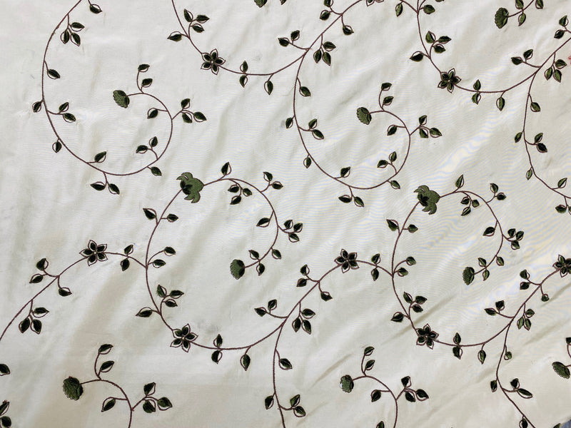 NEW Countess Stephanie 100% Silk Taffeta White Cream with Olive Velvet Embroidered Flowers - Fancy Styles Fabric Pierre Frey Lee Jofa Brunschwig & Fils
