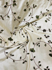 NEW Countess Stephanie 100% Silk Taffeta White Cream with Olive Velvet Embroidered Flowers - Fancy Styles Fabric Pierre Frey Lee Jofa Brunschwig & Fils