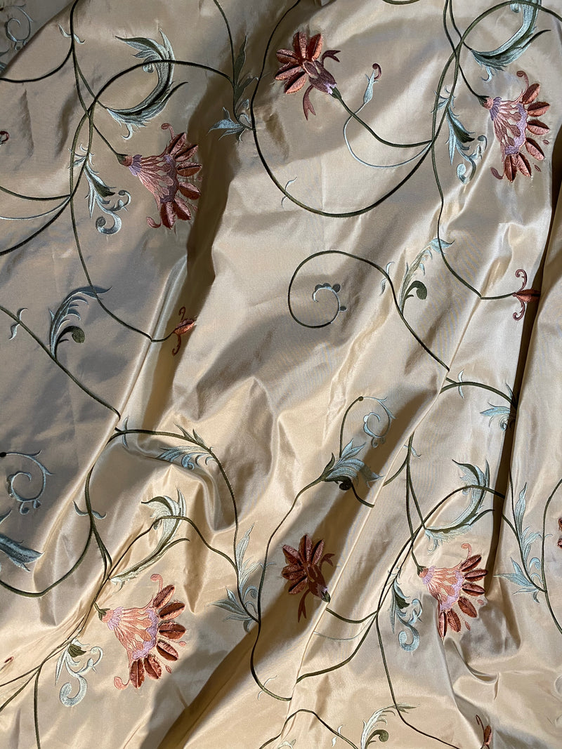 NEW Countess Manon 100% Silk Taffeta in Light Gold with Floral Embroidered Fabric - Fancy Styles Fabric Pierre Frey Lee Jofa Brunschwig & Fils