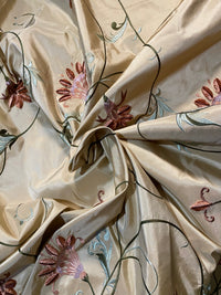 NEW Countess Manon 100% Silk Taffeta in Light Gold with Floral Embroidered Fabric - Fancy Styles Fabric Pierre Frey Lee Jofa Brunschwig & Fils