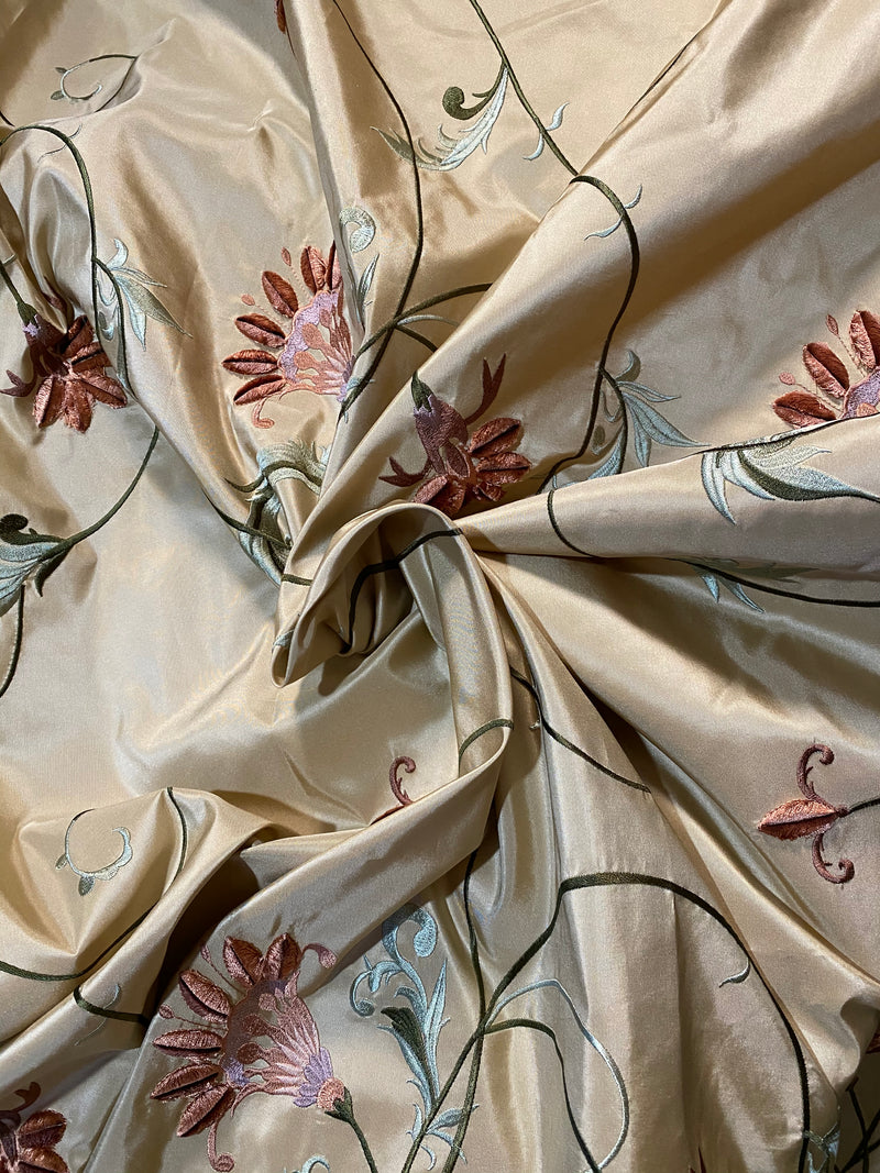 NEW Countess Manon 100% Silk Taffeta in Light Gold with Floral Embroidered  Fabric