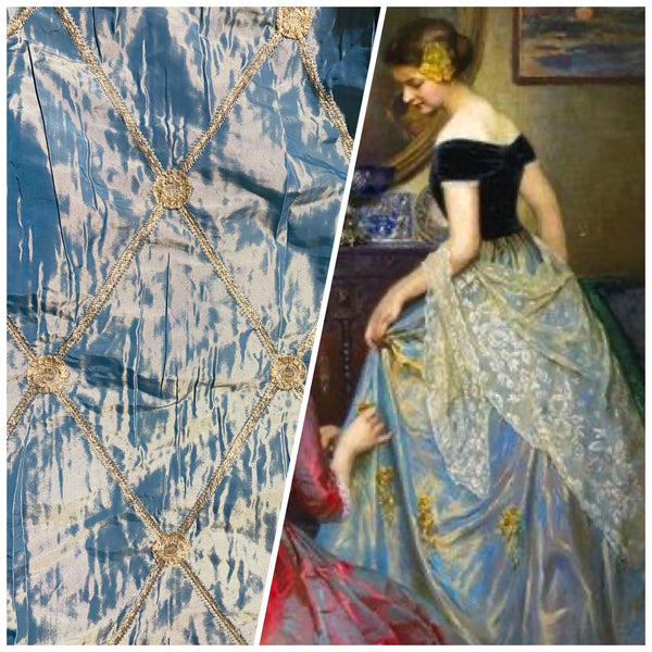 NEW Duke Bernard Blue with Gold iridescence Faux Silk Embroidered Diamond and Medallion Fabric - Fancy Styles Fabric Pierre Frey Lee Jofa Brunschwig & Fils