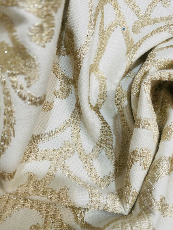 NEW Princess Sandra Novelty 100% Cotton with Gold Metallic Embroidery Fabric - Fancy Styles Fabric Pierre Frey Lee Jofa Brunschwig & Fils