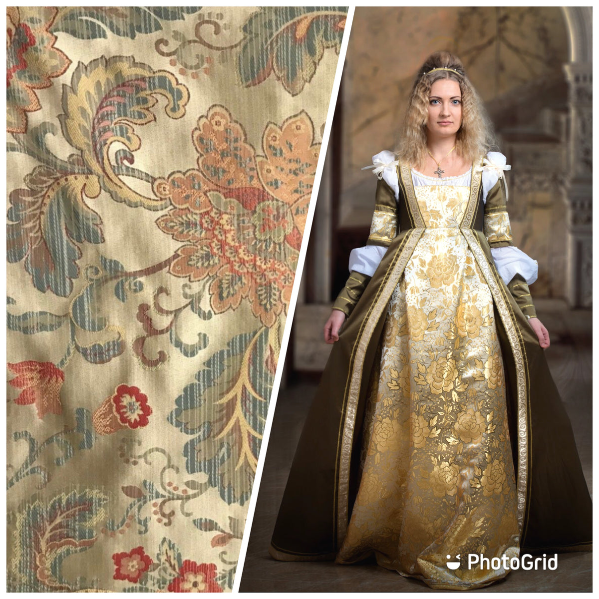 Designer Brocade Satin Floral Drapery Fabric- Antique Gold And Pink By The Yard - Fancy Styles Fabric Pierre Frey Lee Jofa Brunschwig & Fils