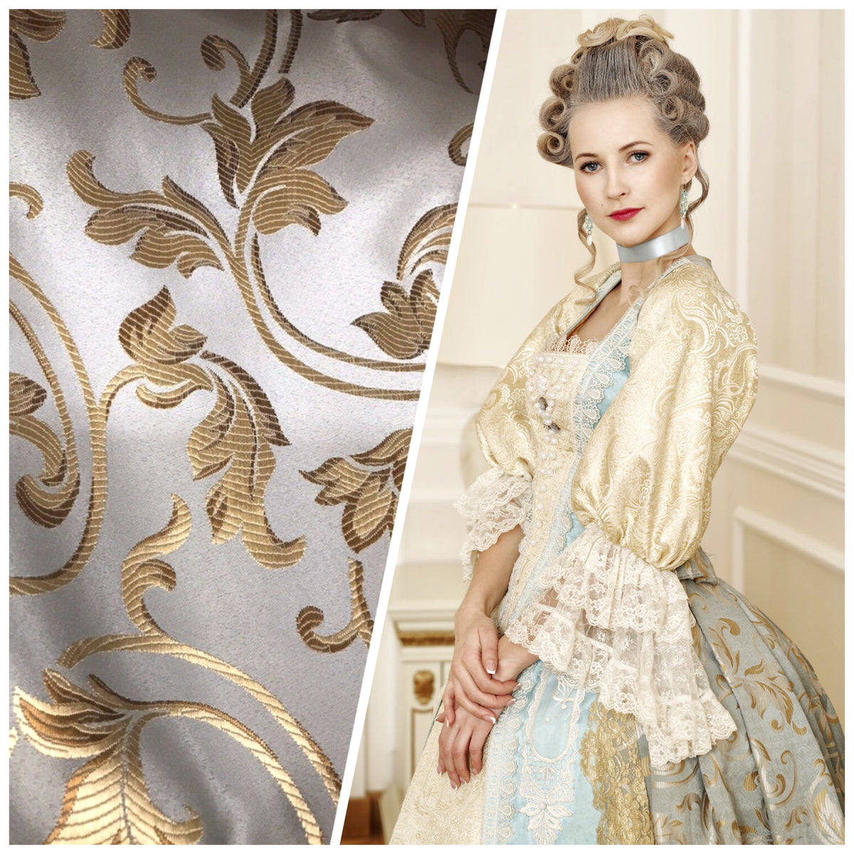 Prince Gaspard Designer Brocade Satin Fabric - Silver Blue Gold  Floral Upholstery Damask - Fancy Styles Fabric Pierre Frey Lee Jofa Brunschwig & Fils