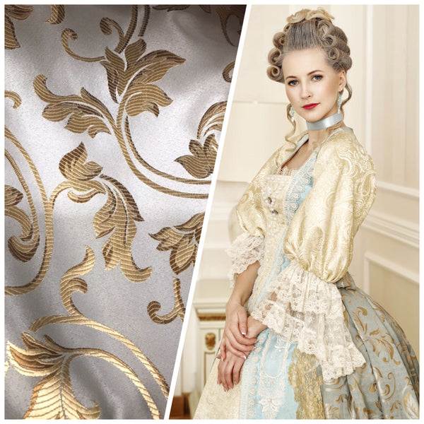 Prince Gaspard Designer Brocade Satin Fabric - Silver Blue Gold  Floral Upholstery Damask - Fancy Styles Fabric Pierre Frey Lee Jofa Brunschwig & Fils