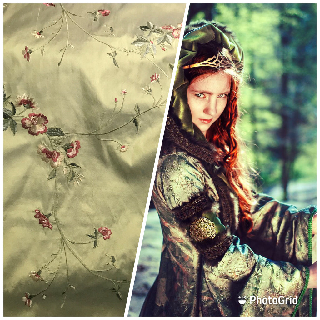 NEW Lady Amanda Designer 100% Silk Dupioni - Green with Embroidered Floral Motif - Fancy Styles Fabric Pierre Frey Lee Jofa Brunschwig & Fils