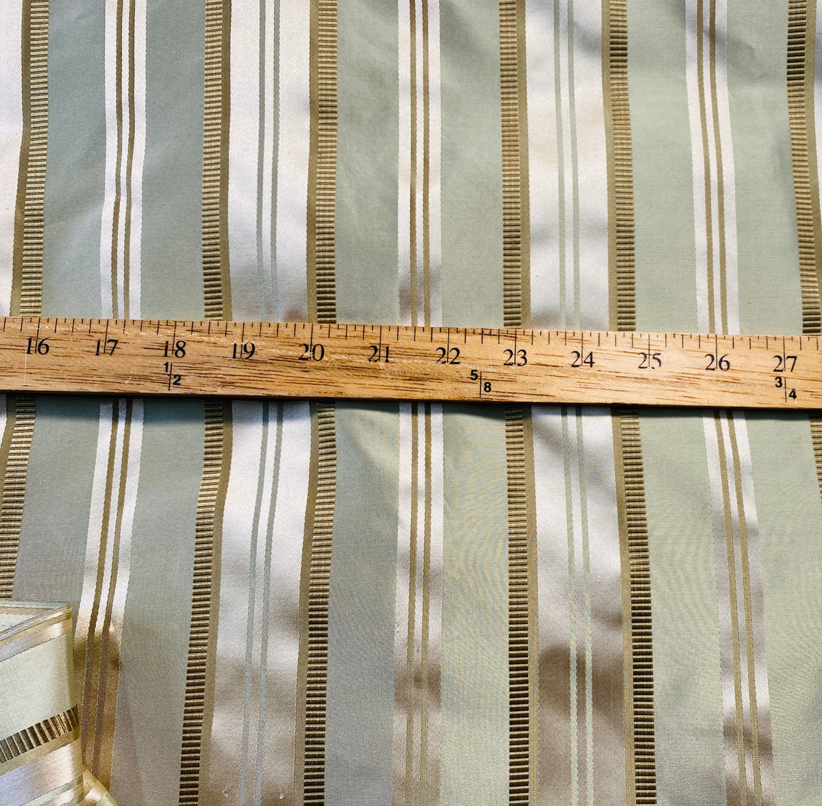 NEW Lady Rosalyn 100% Silk Taffeta Ribbon Stripes Fabric - Pistachio Green and Gold - Fancy Styles Fabric Pierre Frey Lee Jofa Brunschwig & Fils