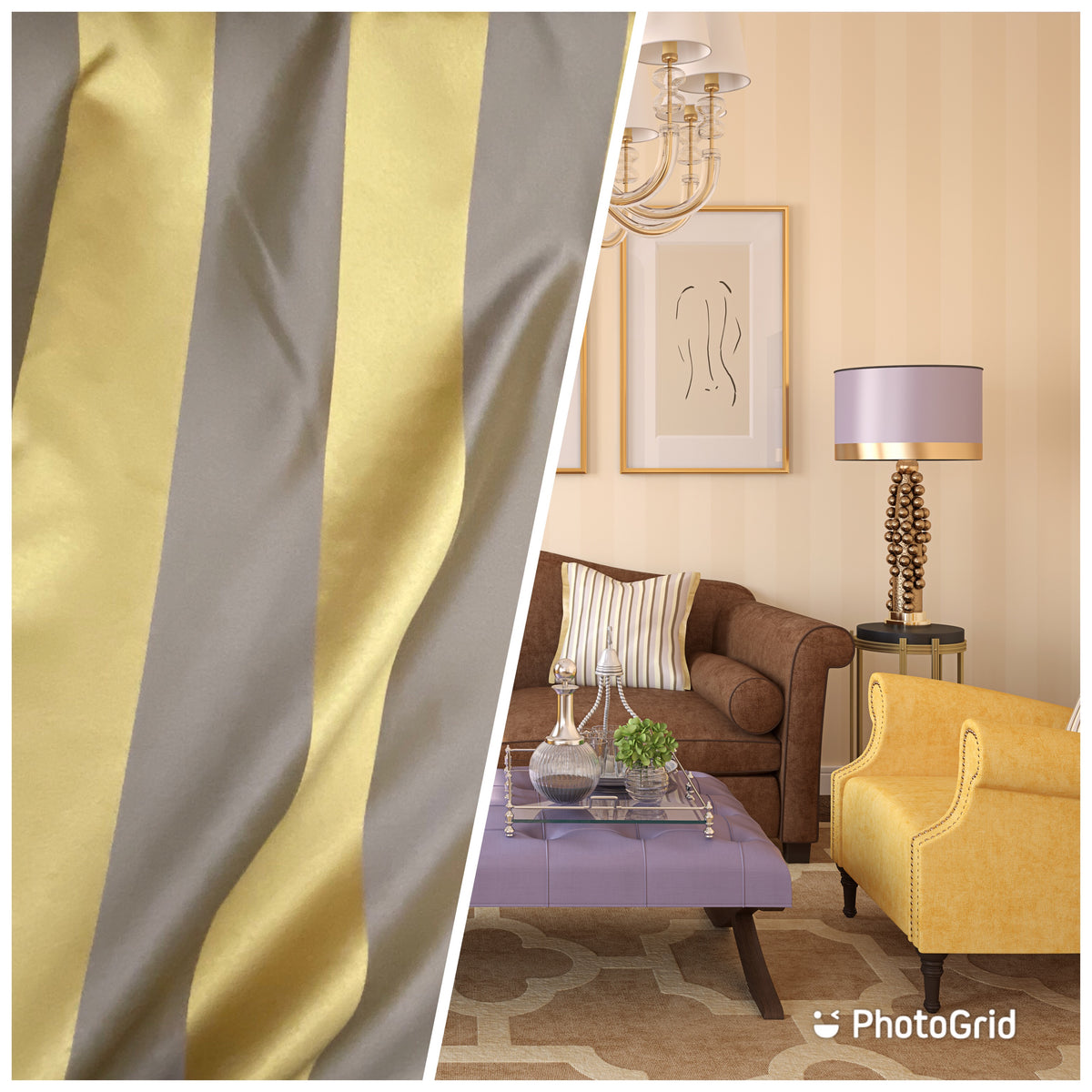 NEW Designer Striped Upholstery & Drapery Fabric - Gold and Gray - Fancy Styles Fabric Pierre Frey Lee Jofa Brunschwig & Fils