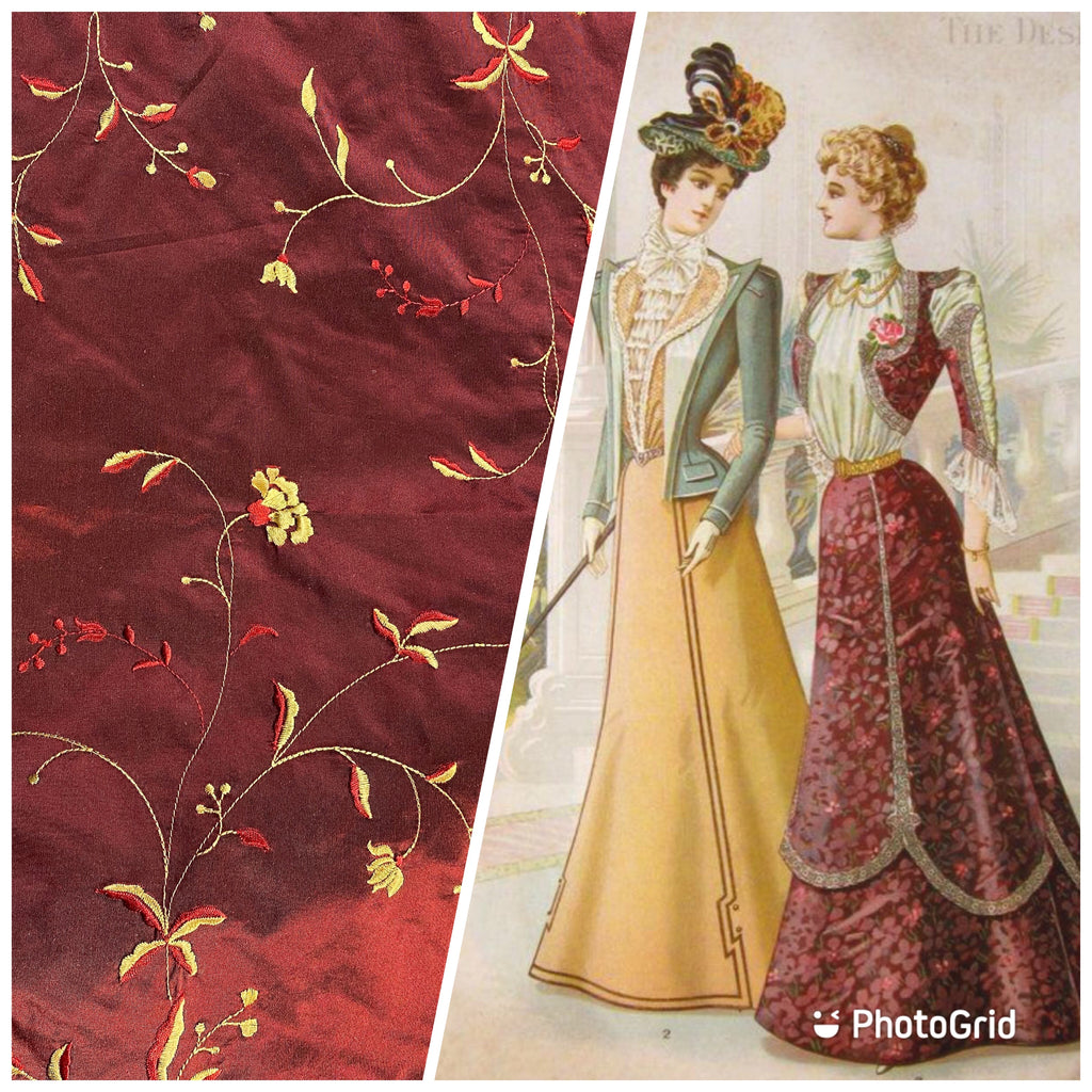 NEW Princess Caroline 100% Silk Taffeta Embroidered Floral Fabric - Dark Red & Yellow - Fancy Styles Fabric Pierre Frey Lee Jofa Brunschwig & Fils
