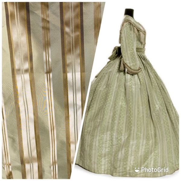 NEW Lady Rosalyn 100% Silk Taffeta Ribbon Stripes Fabric - Pistachio Green and Gold - Fancy Styles Fabric Pierre Frey Lee Jofa Brunschwig & Fils