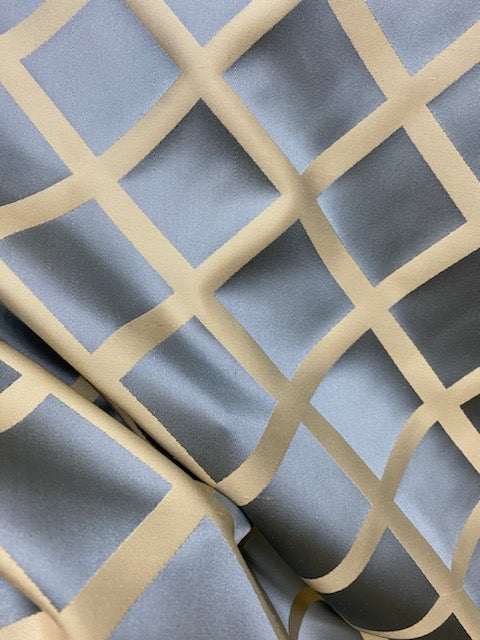 NEW Lady Helen 100% Silk Satin with Diamond Square Motif - Silver Blue & Light Gold - Fancy Styles Fabric Pierre Frey Lee Jofa Brunschwig & Fils