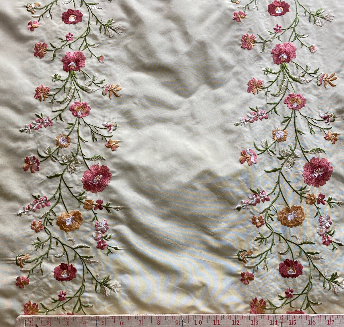 1 Yard Remnant- Designer 100% Silk Dupioni Embroidery Floral Fabric- Beige - Fancy Styles Fabric Pierre Frey Lee Jofa Brunschwig & Fils