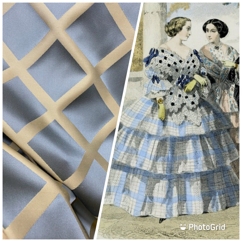 NEW Lady Helen 100% Silk Satin with Diamond Square Motif - Silver Blue & Light Gold - Fancy Styles Fabric Pierre Frey Lee Jofa Brunschwig & Fils