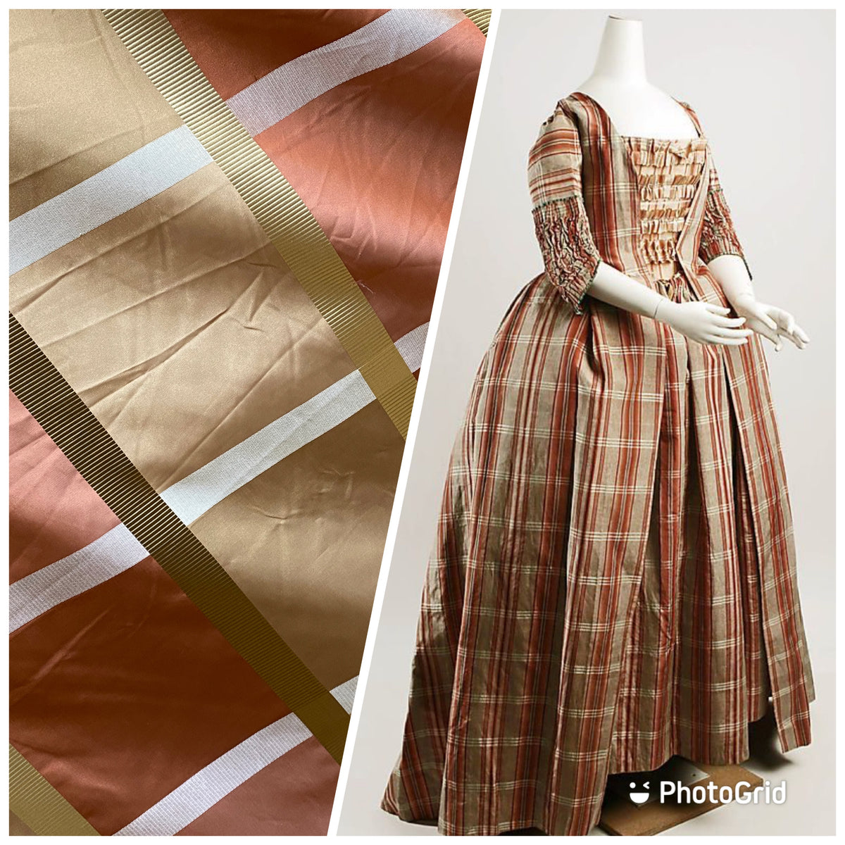 NEW Princess Ellie 100% Silk Taffeta Fabric with Ribbon Stripes and Checks - Gold, Tan, Burnt Peach - Fancy Styles Fabric Pierre Frey Lee Jofa Brunschwig & Fils