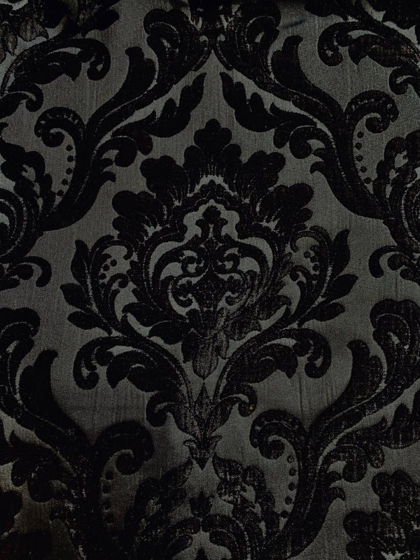 NEW Queen Isabella Designer Damask Burnout Chenille Velvet Fabric - Black on Black - Fancy Styles Fabric Pierre Frey Lee Jofa Brunschwig & Fils