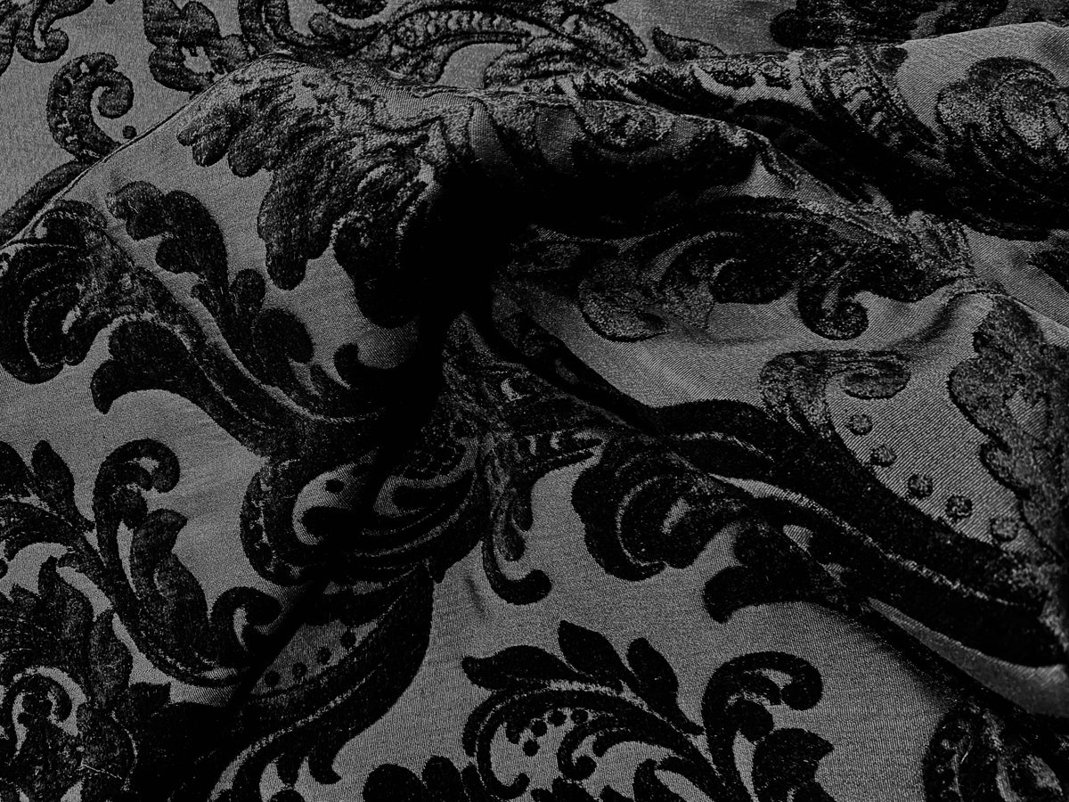 NEW Queen Isabella Designer Damask Burnout Chenille Velvet Fabric - Black on Black - Fancy Styles Fabric Pierre Frey Lee Jofa Brunschwig & Fils