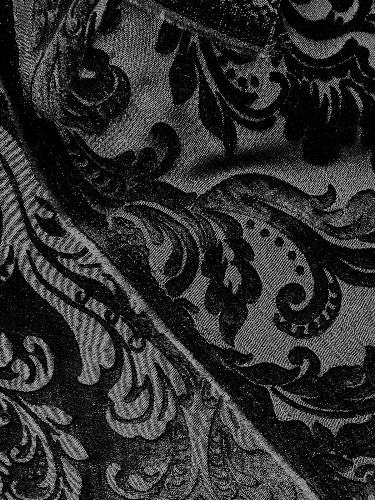 NEW Queen Isabella Designer Damask Burnout Chenille Velvet Fabric - Black on Black - Fancy Styles Fabric Pierre Frey Lee Jofa Brunschwig & Fils