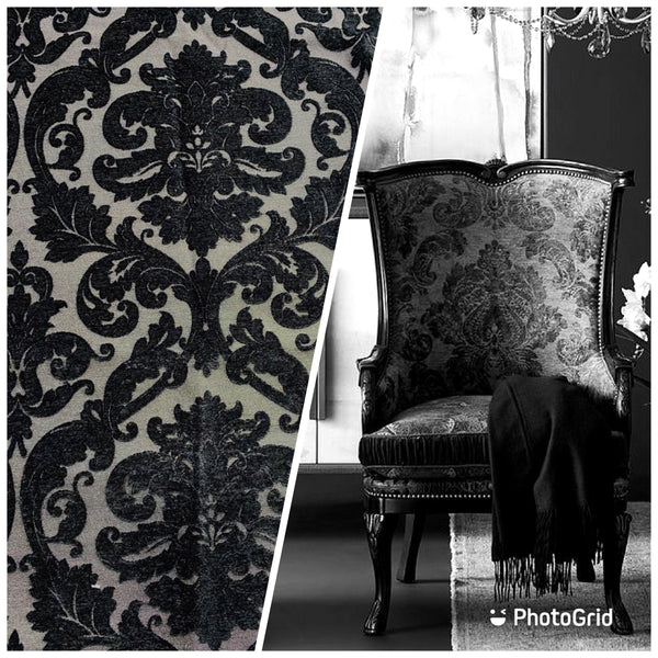 NEW King Benjamin Designer Damask Burnout Chenille Velvet Fabric - Upholstery - Black & Gray - Fancy Styles Fabric Pierre Frey Lee Jofa Brunschwig & Fils