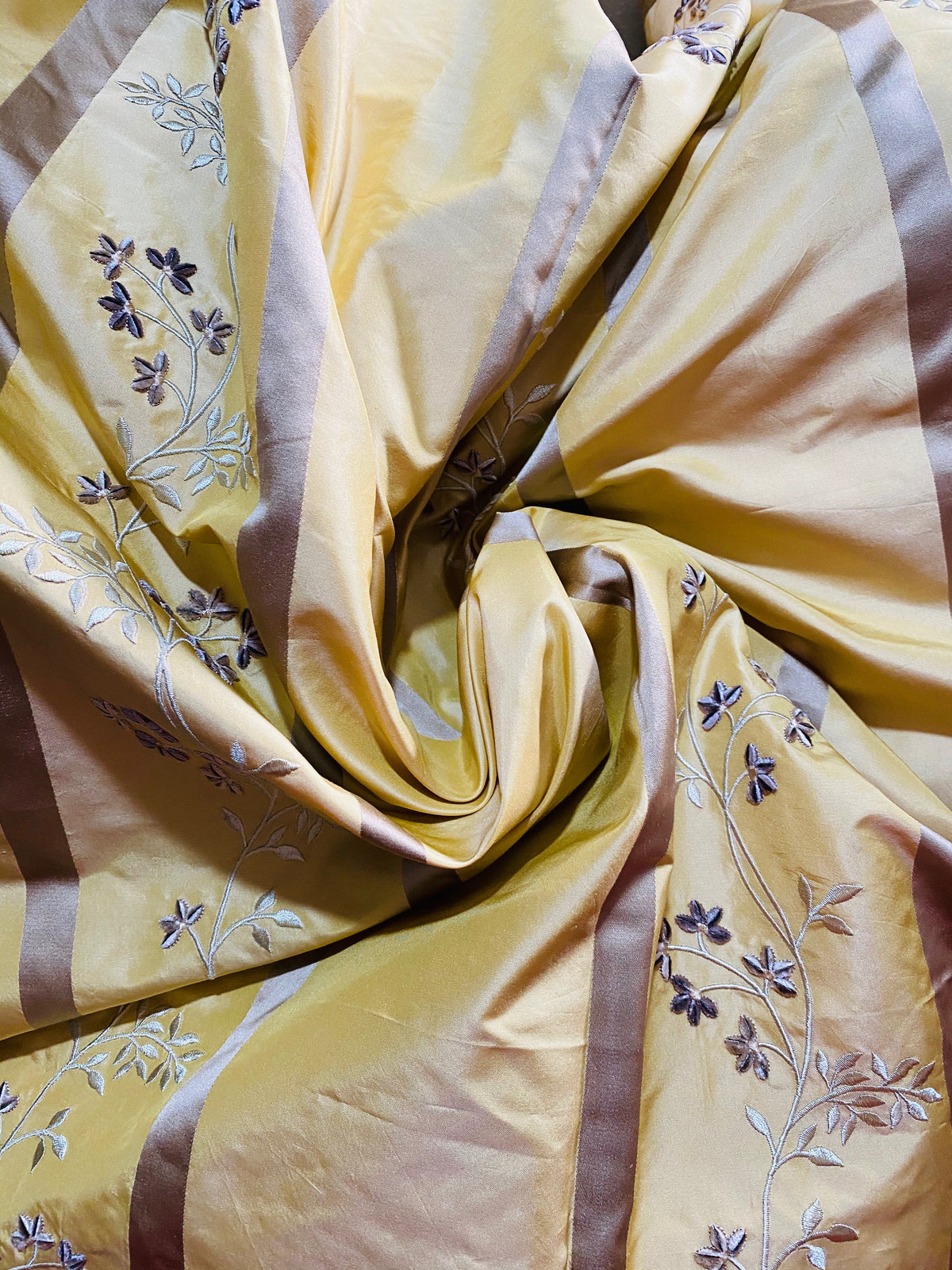 NEW Princess Harriet 100% Silk Taffeta Ribbon Stripes with Embroidered Velvet Yellow & Lavender Floral Motif Fabric - Fancy Styles Fabric Pierre Frey Lee Jofa Brunschwig & Fils