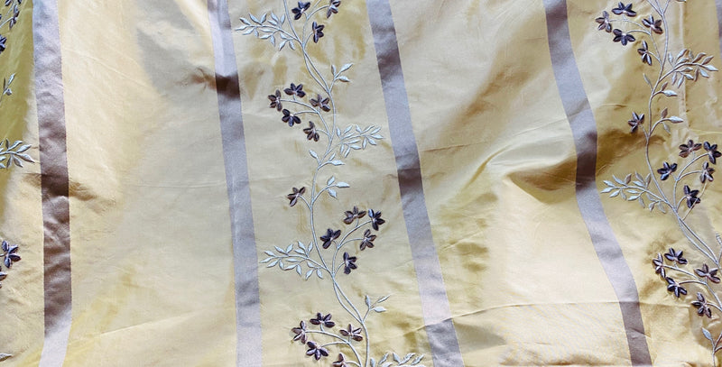NEW Princess Harriet 100% Silk Taffeta Ribbon Stripes with Embroidered Velvet Yellow & Lavender Floral Motif Fabric - Fancy Styles Fabric Pierre Frey Lee Jofa Brunschwig & Fils