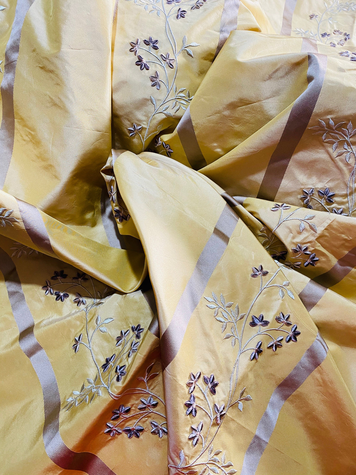 NEW Princess Harriet 100% Silk Taffeta Ribbon Stripes with Embroidered Velvet Yellow & Lavender Floral Motif Fabric - Fancy Styles Fabric Pierre Frey Lee Jofa Brunschwig & Fils