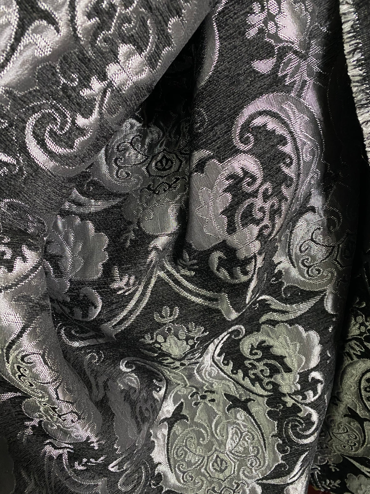 NEW Lady Emile Designer Damask Burnout Chenille Velvet Fabric - Black & Metallic Silver BTY - Fancy Styles Fabric Pierre Frey Lee Jofa Brunschwig & Fils