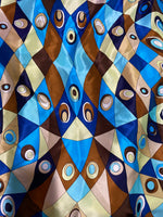 NEW 100% Silk Charmeuse Blue and Brown Geometric 1960’s Bohemian Print Fabric BTY - Fancy Styles Fabric Pierre Frey Lee Jofa Brunschwig & Fils
