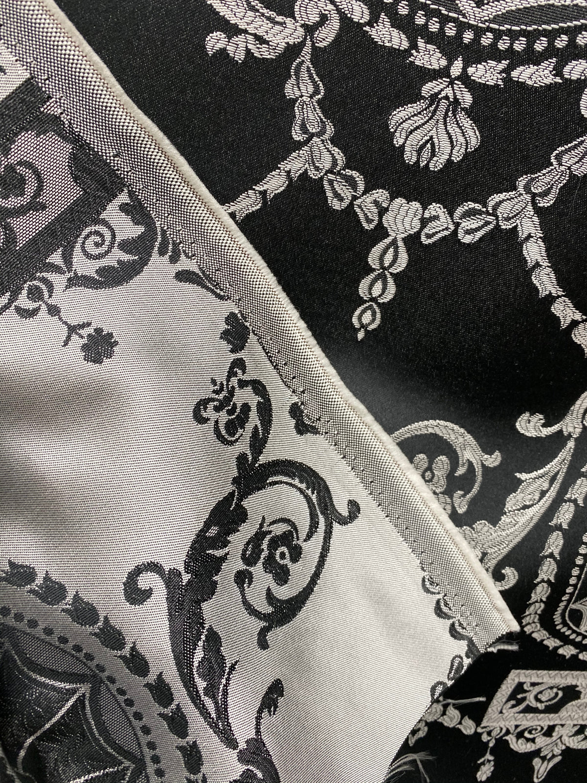NEW Lord Joffrey Designer Satin Damask Drapery Fabric - Black Silver - Fancy Styles Fabric Pierre Frey Lee Jofa Brunschwig & Fils