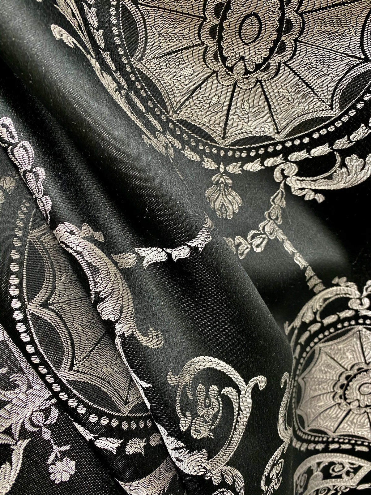NEW Lord Joffrey Designer Satin Damask Drapery Fabric - Black Silver - Fancy Styles Fabric Pierre Frey Lee Jofa Brunschwig & Fils