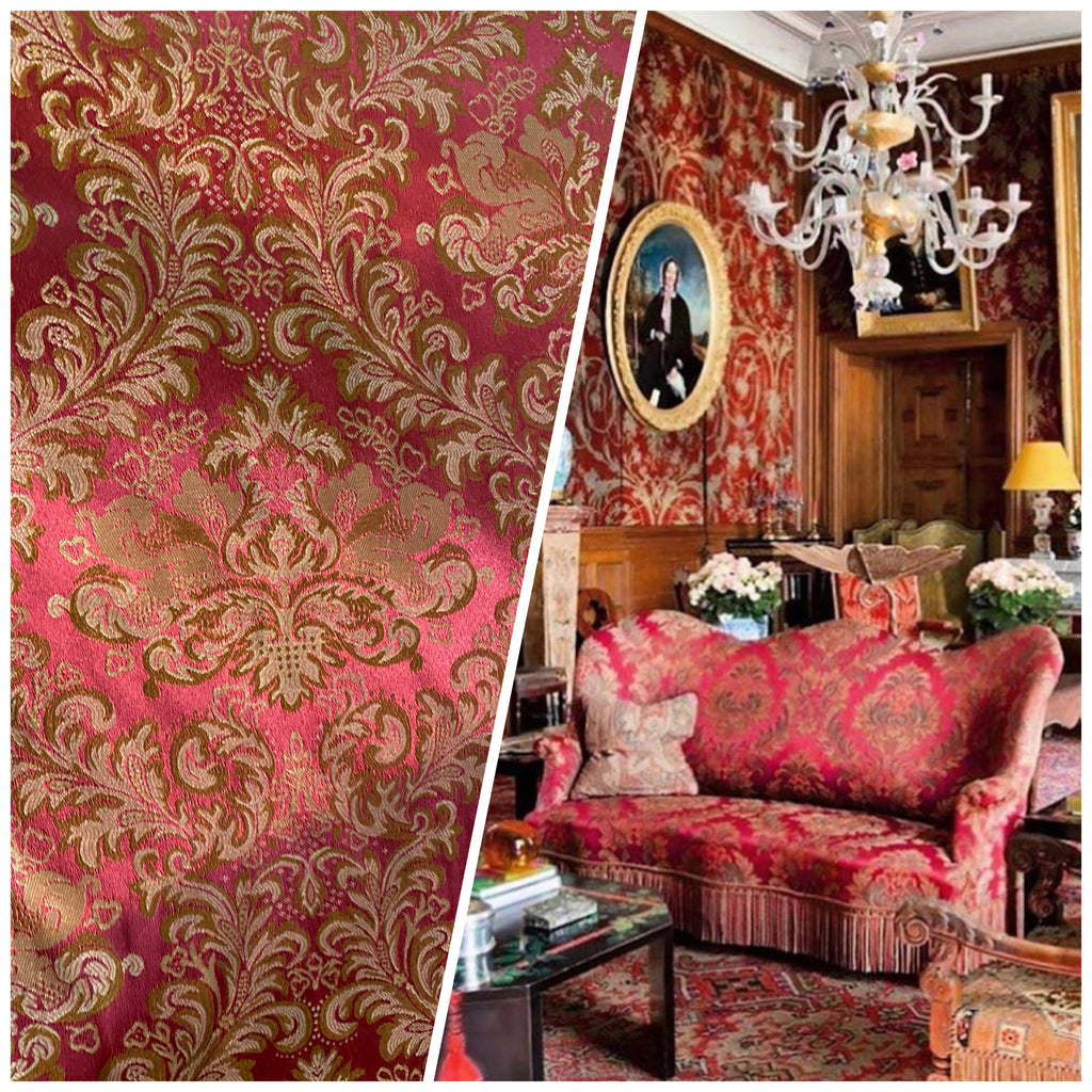 NEW Prince Liam Designer Damask Satin Drapery Upholstery Fabric - Red & Gold - Fancy Styles Fabric Pierre Frey Lee Jofa Brunschwig & Fils