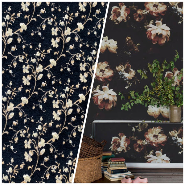 NEW Designer Burnout Floral Upholstery Chenille Velvet Fabric - Black & Beige - Fancy Styles Fabric Pierre Frey Lee Jofa Brunschwig & Fils