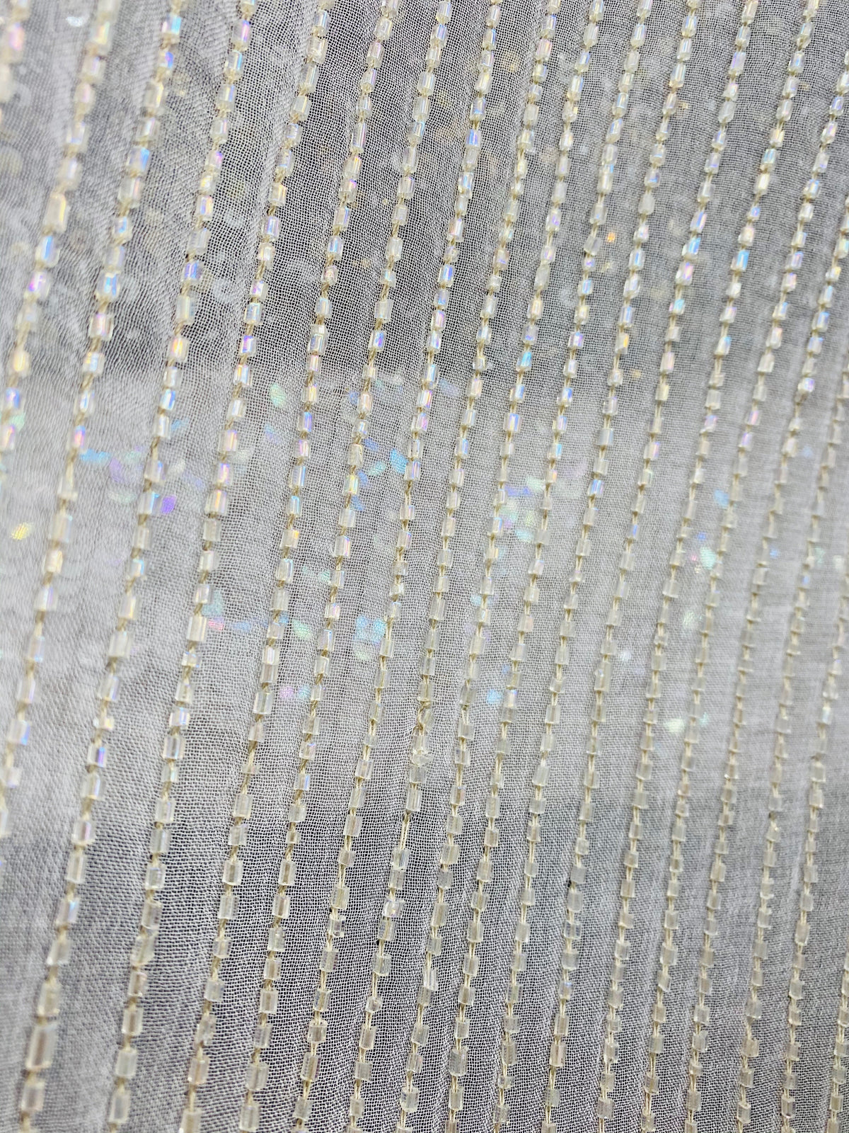 NEW Designer Bridal Striped Beaded 100% Silk Chiffon in Ivory White - Fancy Styles Fabric Pierre Frey Lee Jofa Brunschwig & Fils